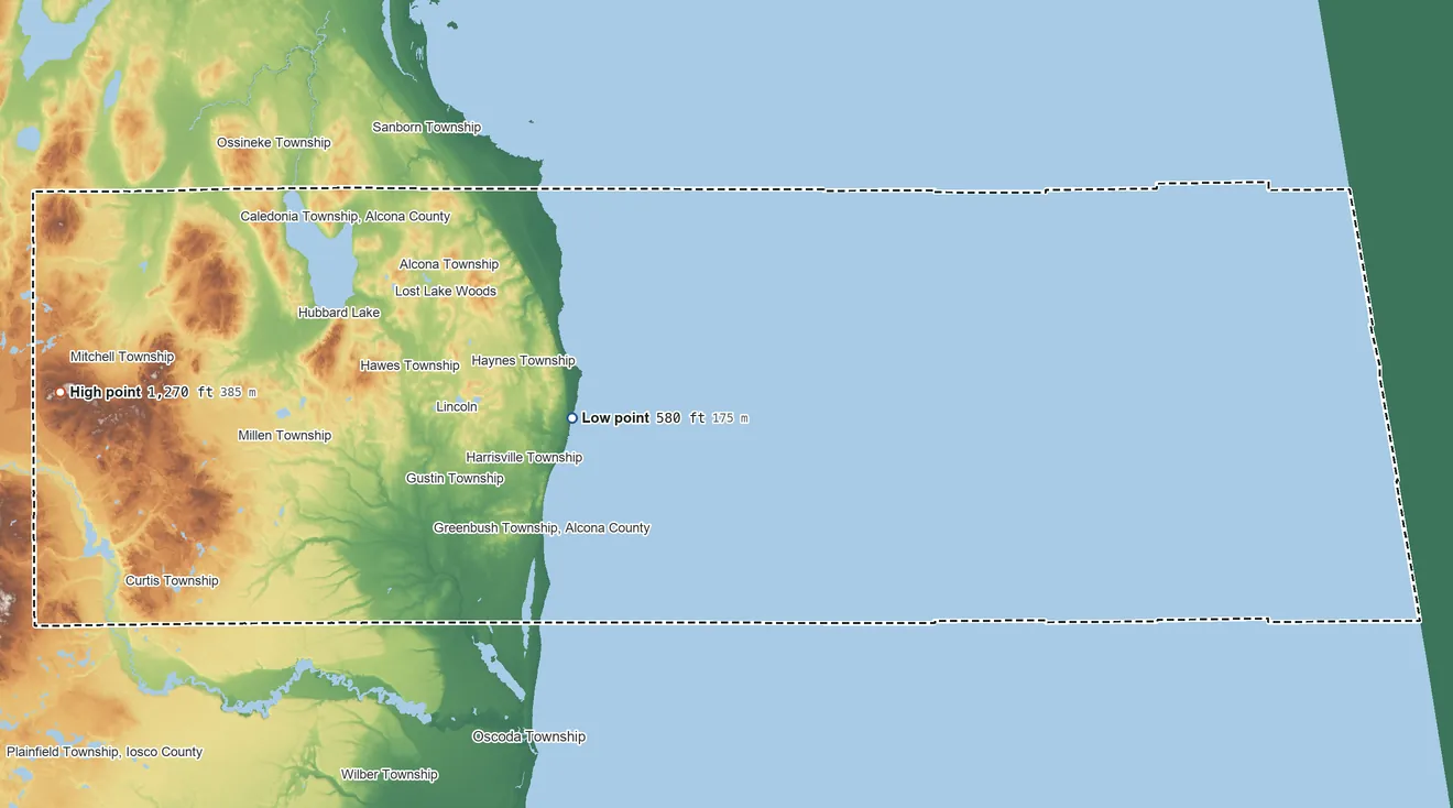 Topographic elevation map of Alcona County, Michigan, shaded from 580 ft on the west side to 1,270 ft on the west side