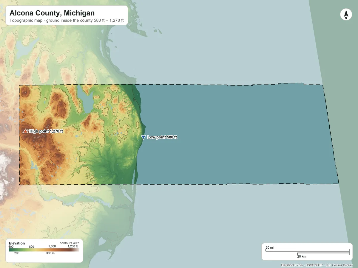 Topographic elevation map of Alcona County, Michigan, shaded from 580 ft on the west side to 1,270 ft on the west side
