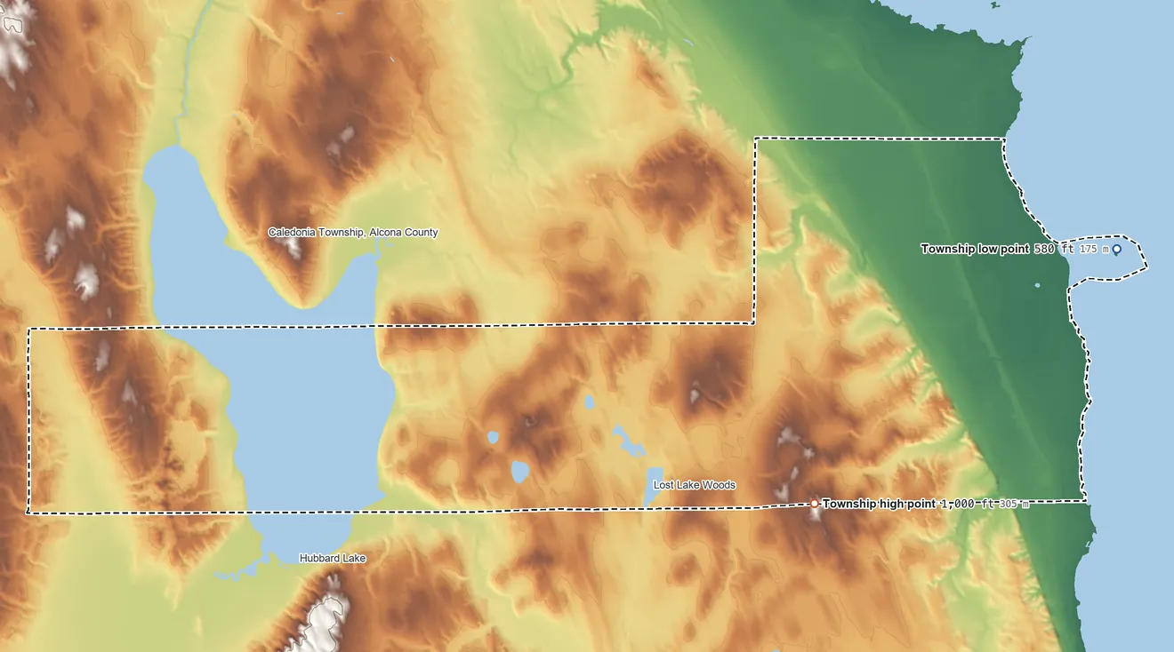 Topographic elevation map of Alcona Township, Michigan, shaded from 580 ft on the east side to 1,000 ft on the southeast side