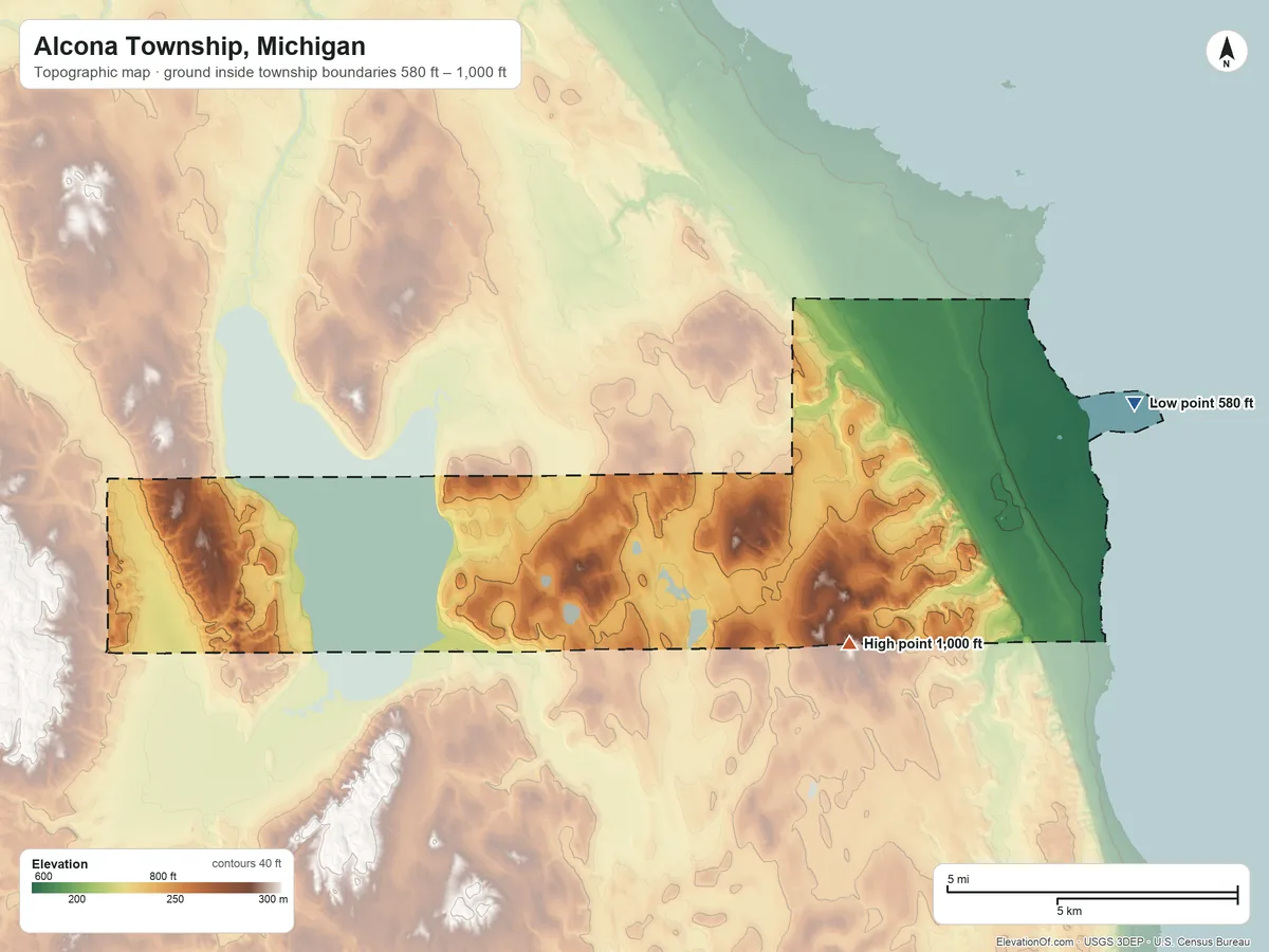 Topographic elevation map of Alcona Township, Michigan, shaded from 580 ft on the east side to 1,000 ft on the southeast side
