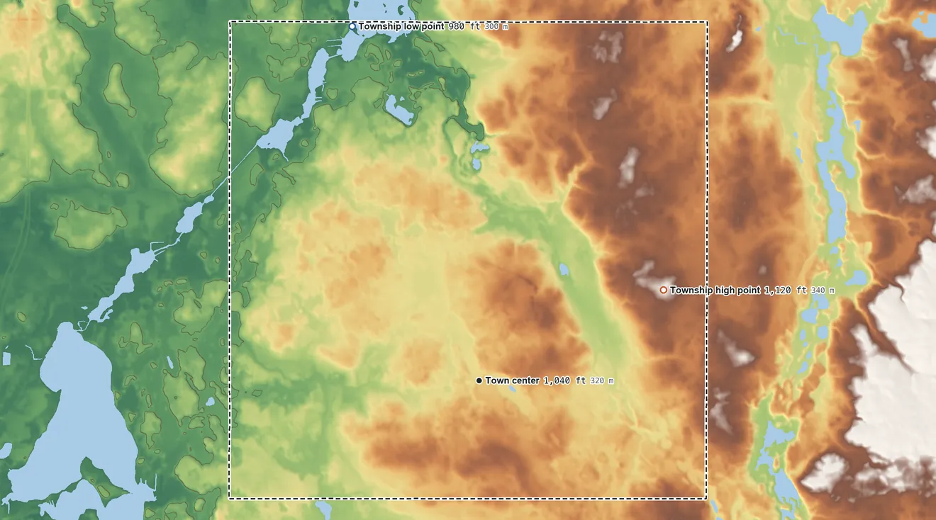 Topographic elevation map of Algansee Township, Michigan, shaded from 980 ft on the north side to 1,120 ft on the northeast side