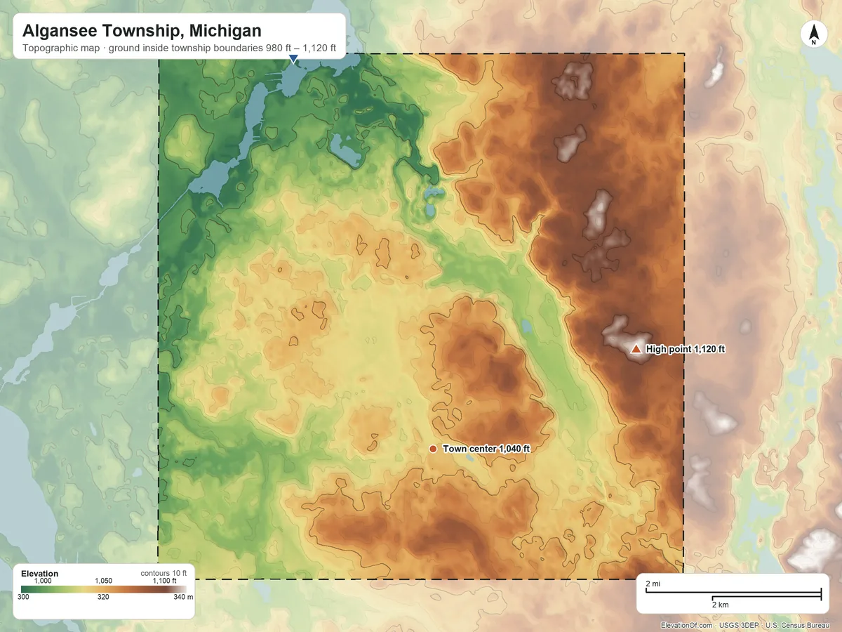 Topographic elevation map of Algansee Township, Michigan, shaded from 980 ft on the north side to 1,120 ft on the northeast side