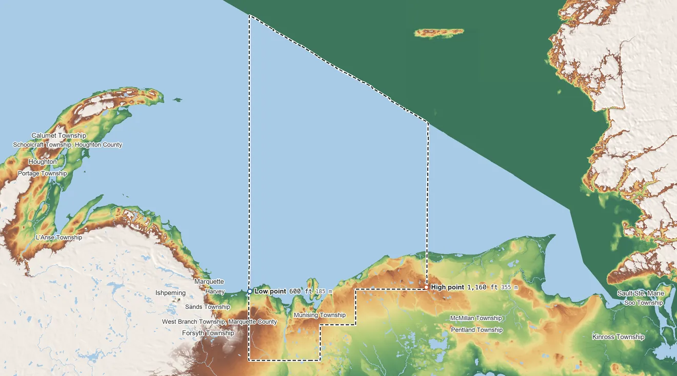 Topographic elevation map of Alger County, Michigan, shaded from 600 ft on the southwest side to 1,160 ft on the southeast side