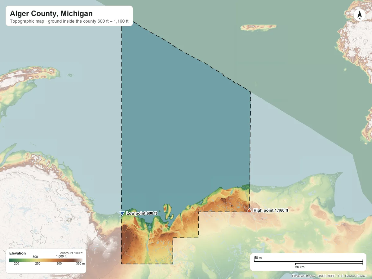 Topographic elevation map of Alger County, Michigan, shaded from 600 ft on the southwest side to 1,160 ft on the southeast side