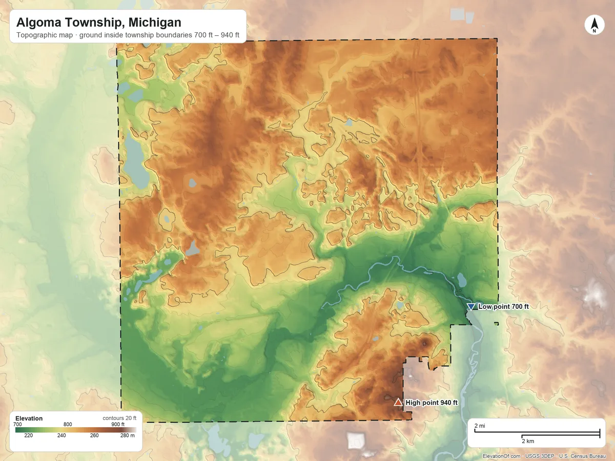 Topographic elevation map of Algoma Township, Michigan, shaded from 700 ft on the east side to 940 ft on the southeast side