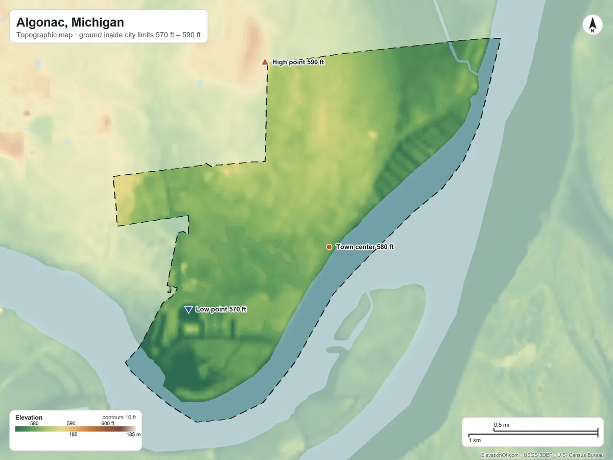 Topographic elevation map of Algonac, Michigan, shaded from 570 ft on the southwest side to 590 ft on the north side