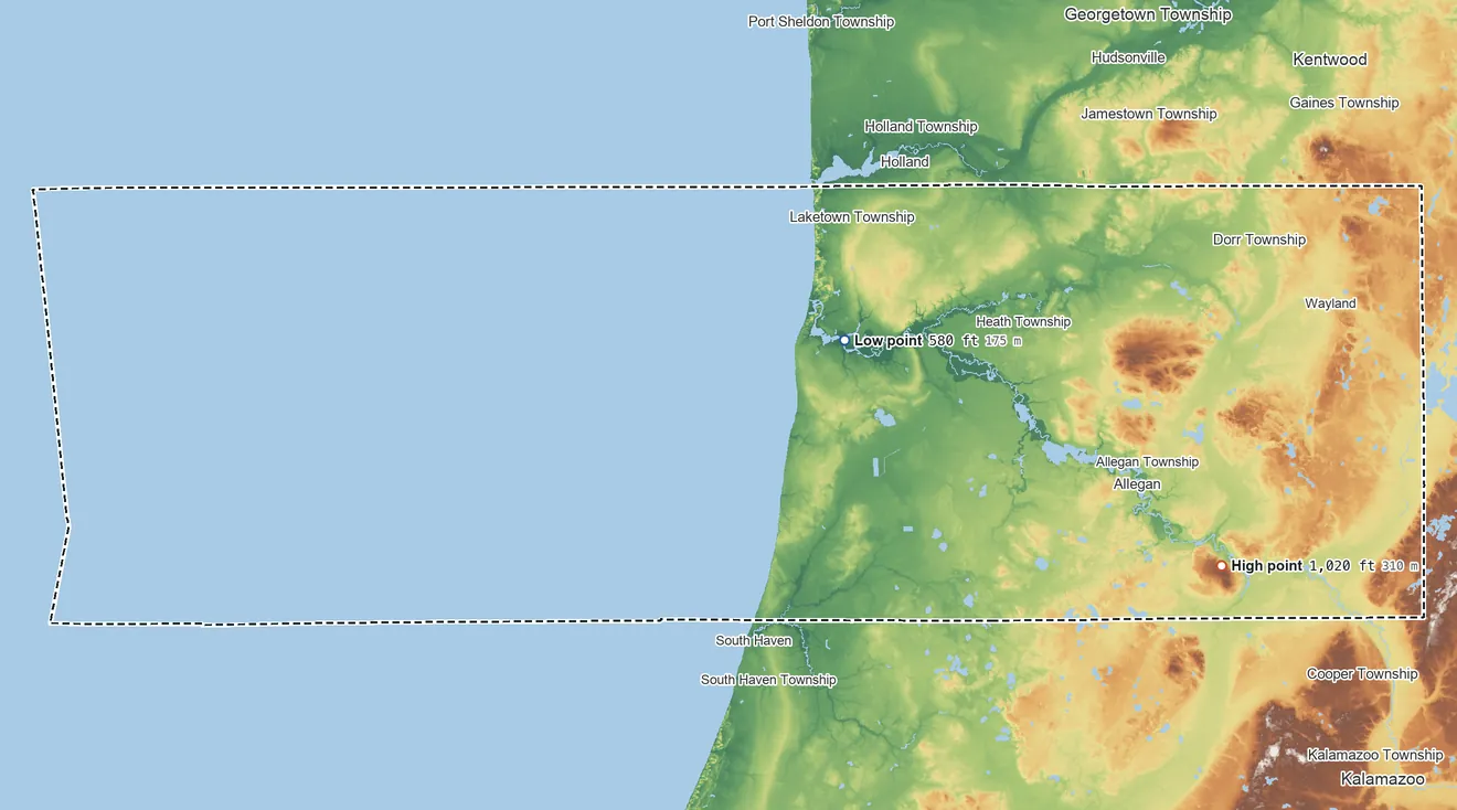 Topographic elevation map of Allegan County, Michigan, shaded from 580 ft near the middle to 1,020 ft on the east side