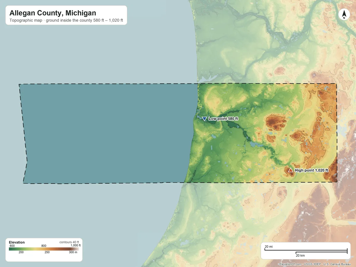 Topographic elevation map of Allegan County, Michigan, shaded from 580 ft near the middle to 1,020 ft on the east side