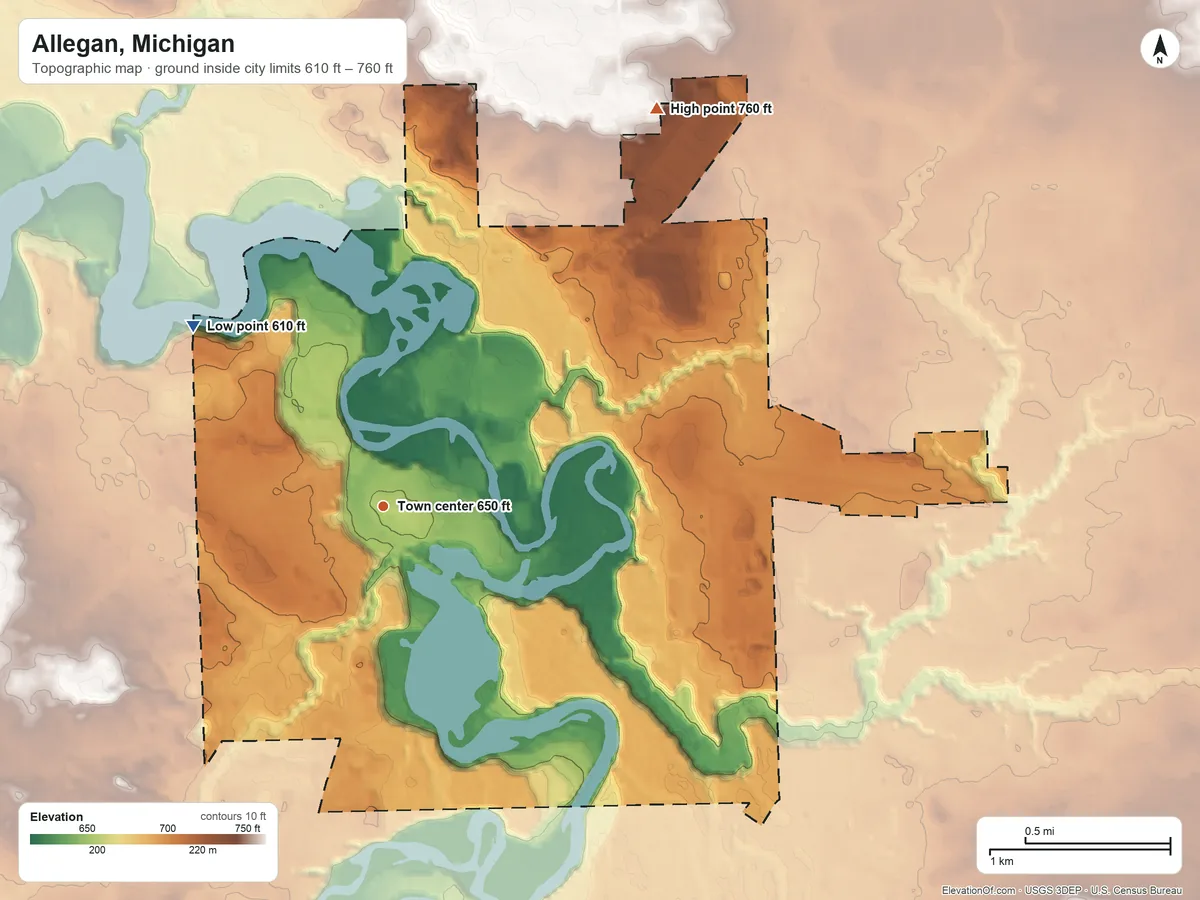 Topographic elevation map of Allegan, Michigan, shaded from 610 ft on the northwest side to 760 ft on the northeast side
