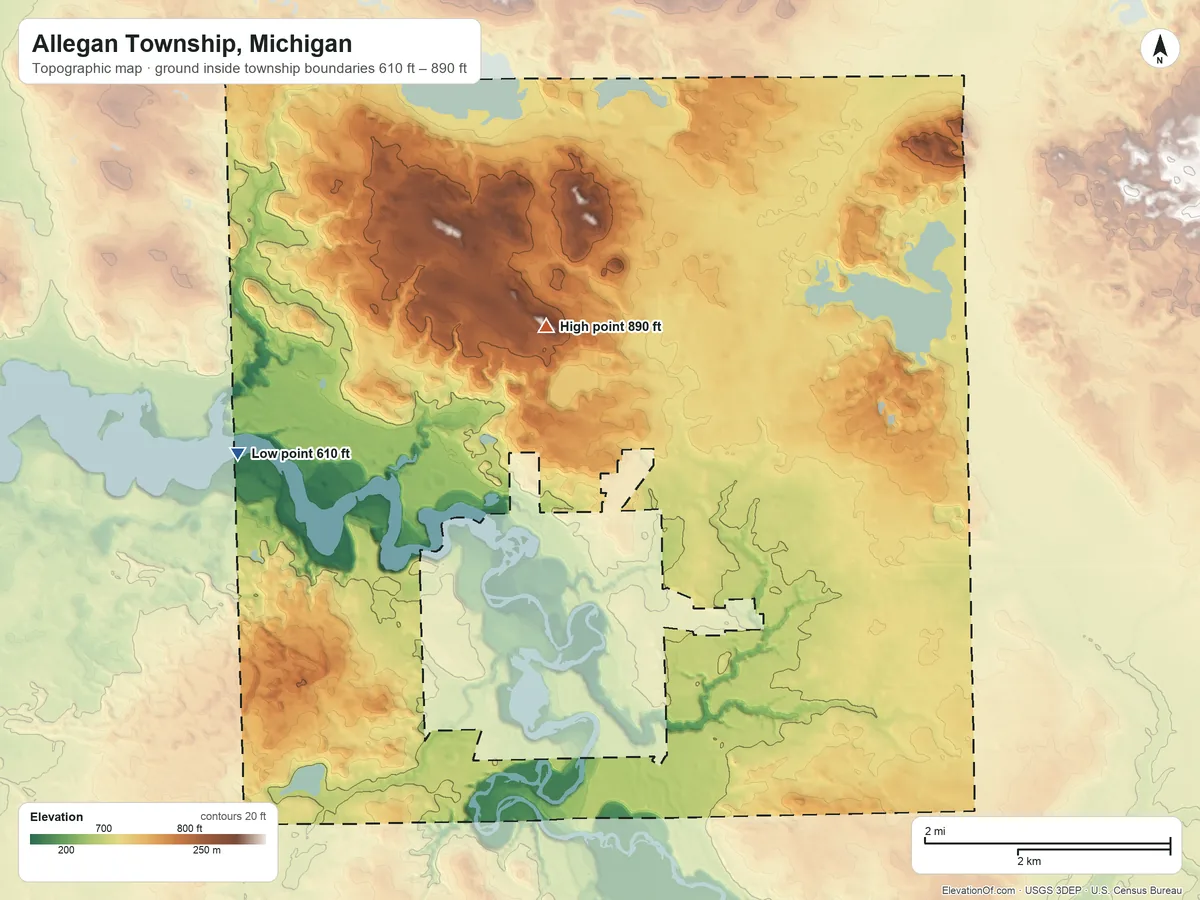 Topographic elevation map of Allegan Township, Michigan, shaded from 610 ft on the west side to 890 ft on the north side