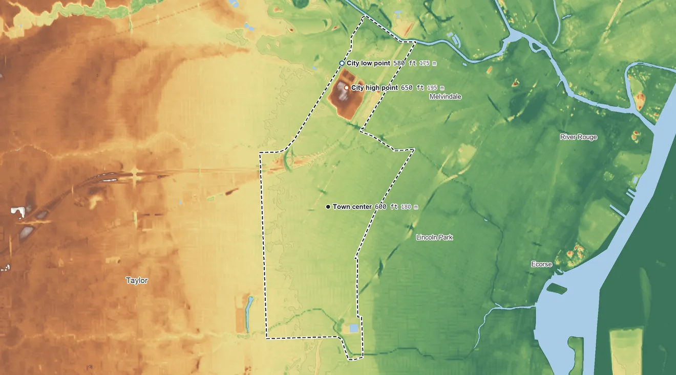 Topographic elevation map of Allen Park, Michigan, shaded from 580 ft on the north side to 650 ft on the north side