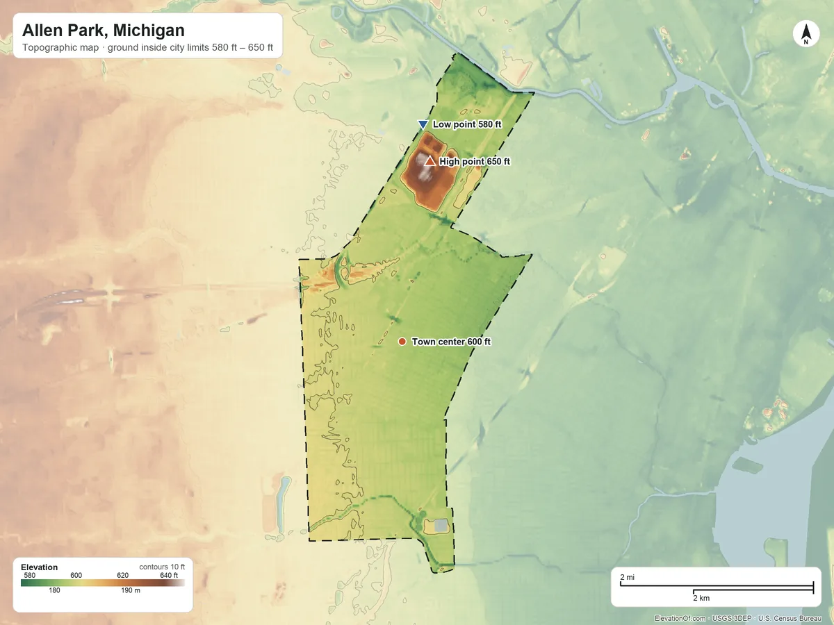 Topographic elevation map of Allen Park, Michigan, shaded from 580 ft on the north side to 650 ft on the north side
