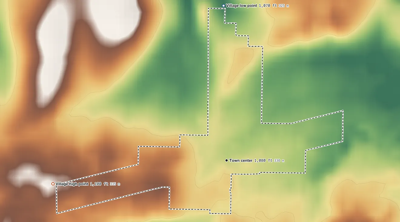 Topographic elevation map of Allen, Michigan, shaded from 1,070 ft on the north side to 1,100 ft on the west side