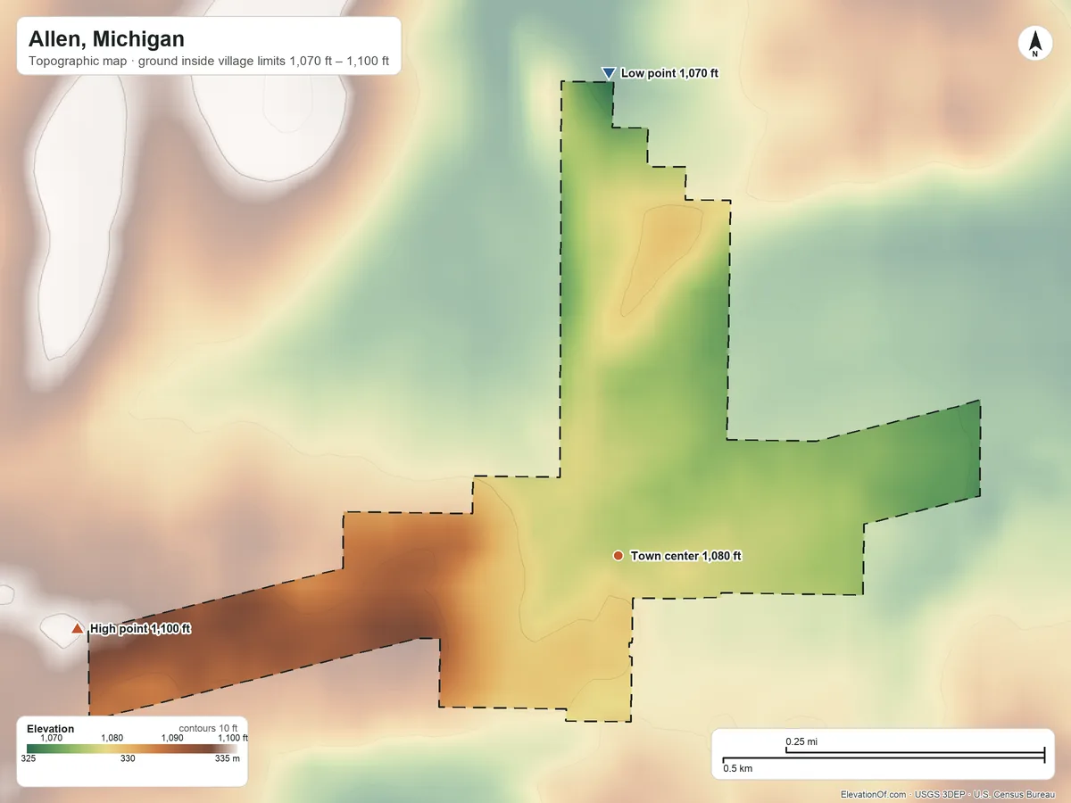 Topographic elevation map of Allen, Michigan, shaded from 1,070 ft on the north side to 1,100 ft on the west side