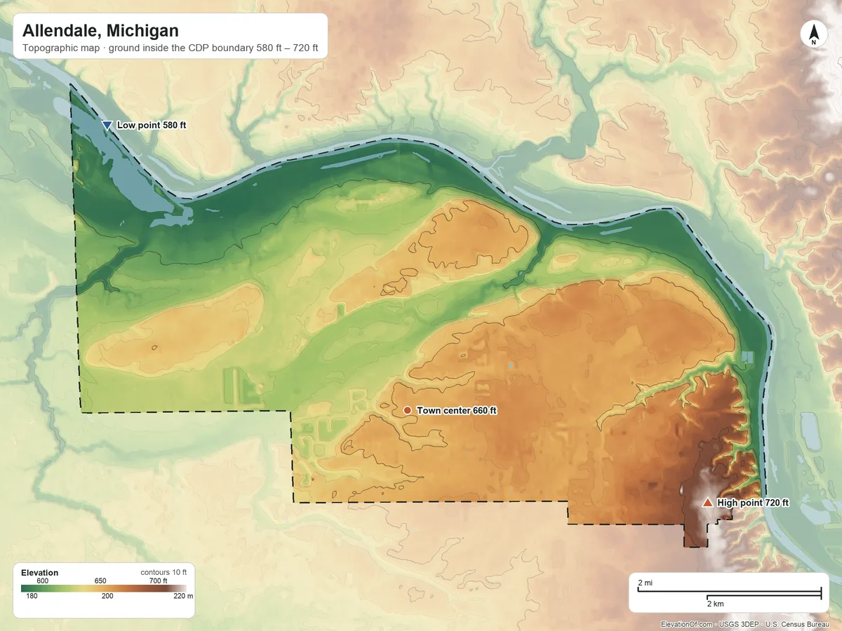 Topographic elevation map of Allendale, Michigan, shaded from 580 ft on the northwest side to 720 ft on the east side