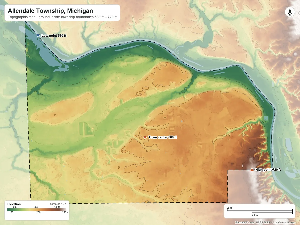 Topographic elevation map of Allendale Township, Michigan, shaded from 580 ft on the northwest side to 720 ft on the east side