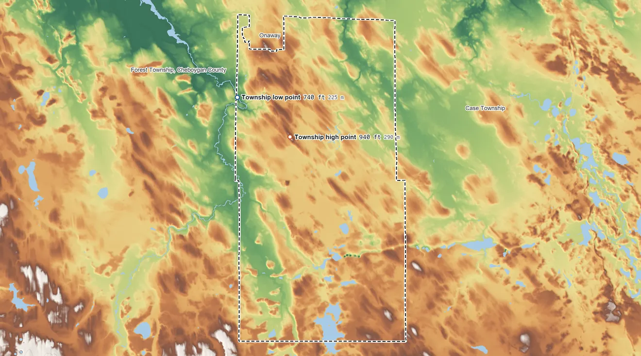 Topographic elevation map of Allis Township, Michigan, shaded from 740 ft on the west side to 940 ft near the middle