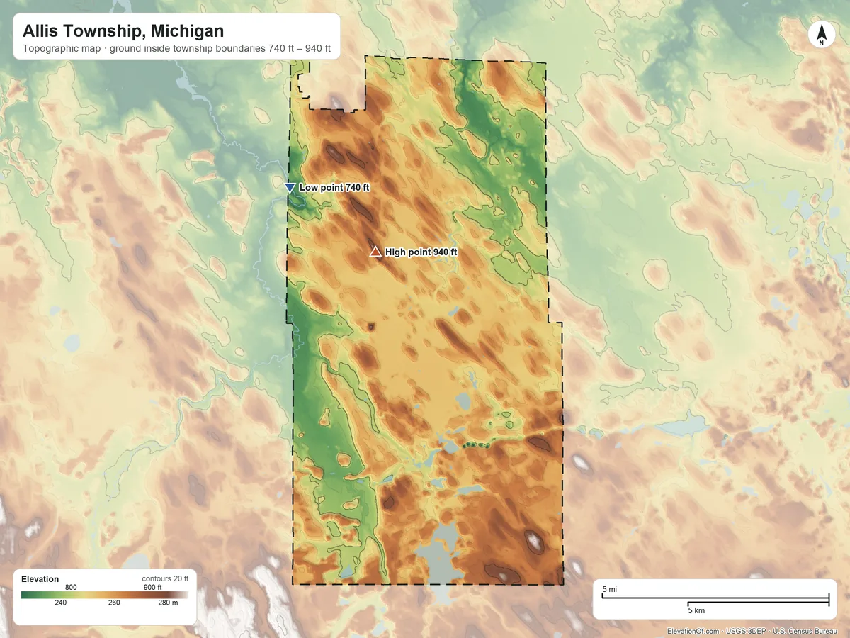 Topographic elevation map of Allis Township, Michigan, shaded from 740 ft on the west side to 940 ft near the middle