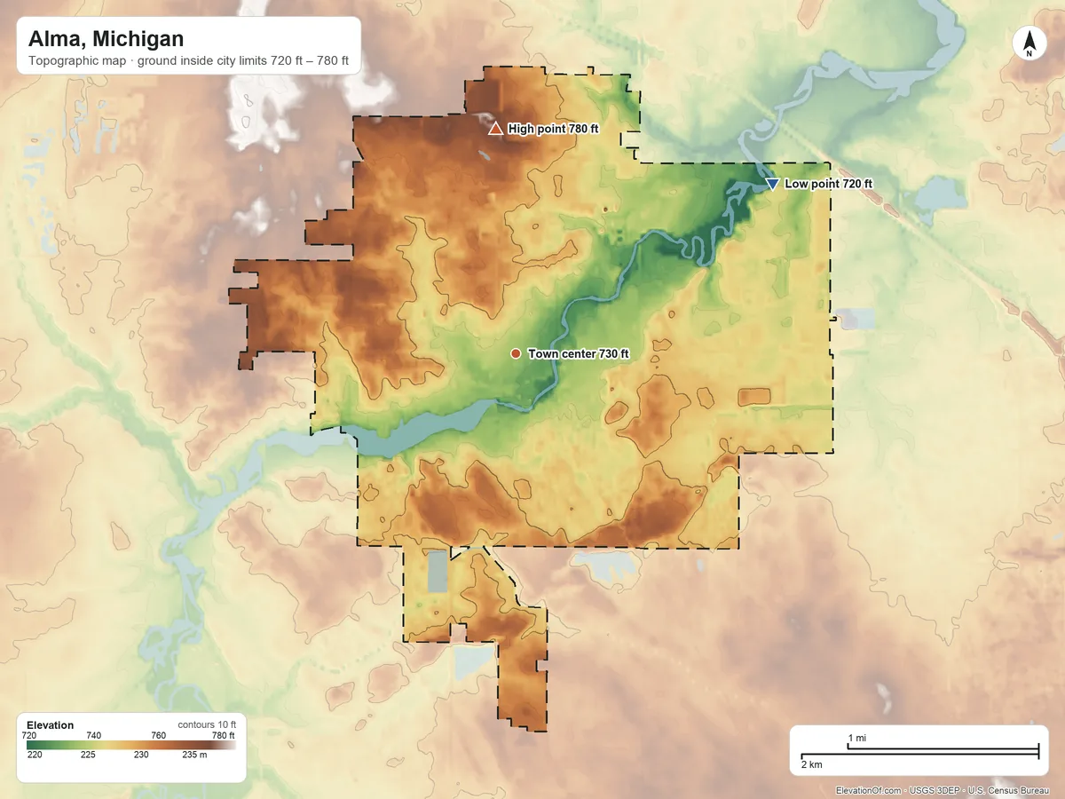 Topographic elevation map of Alma, Michigan, shaded from 720 ft on the northeast side to 780 ft on the north side