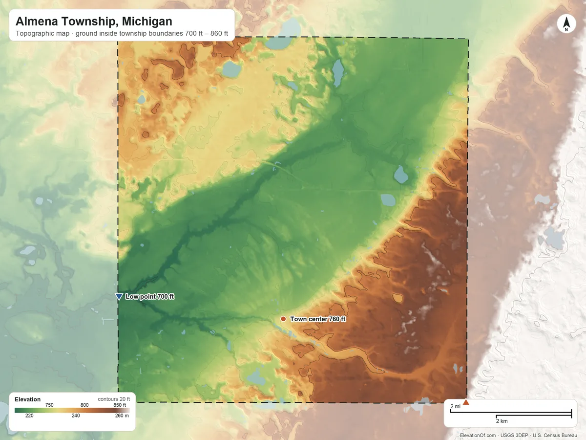 Topographic elevation map of Almena Township, Michigan, shaded from 700 ft on the west side to 860 ft on the southeast side