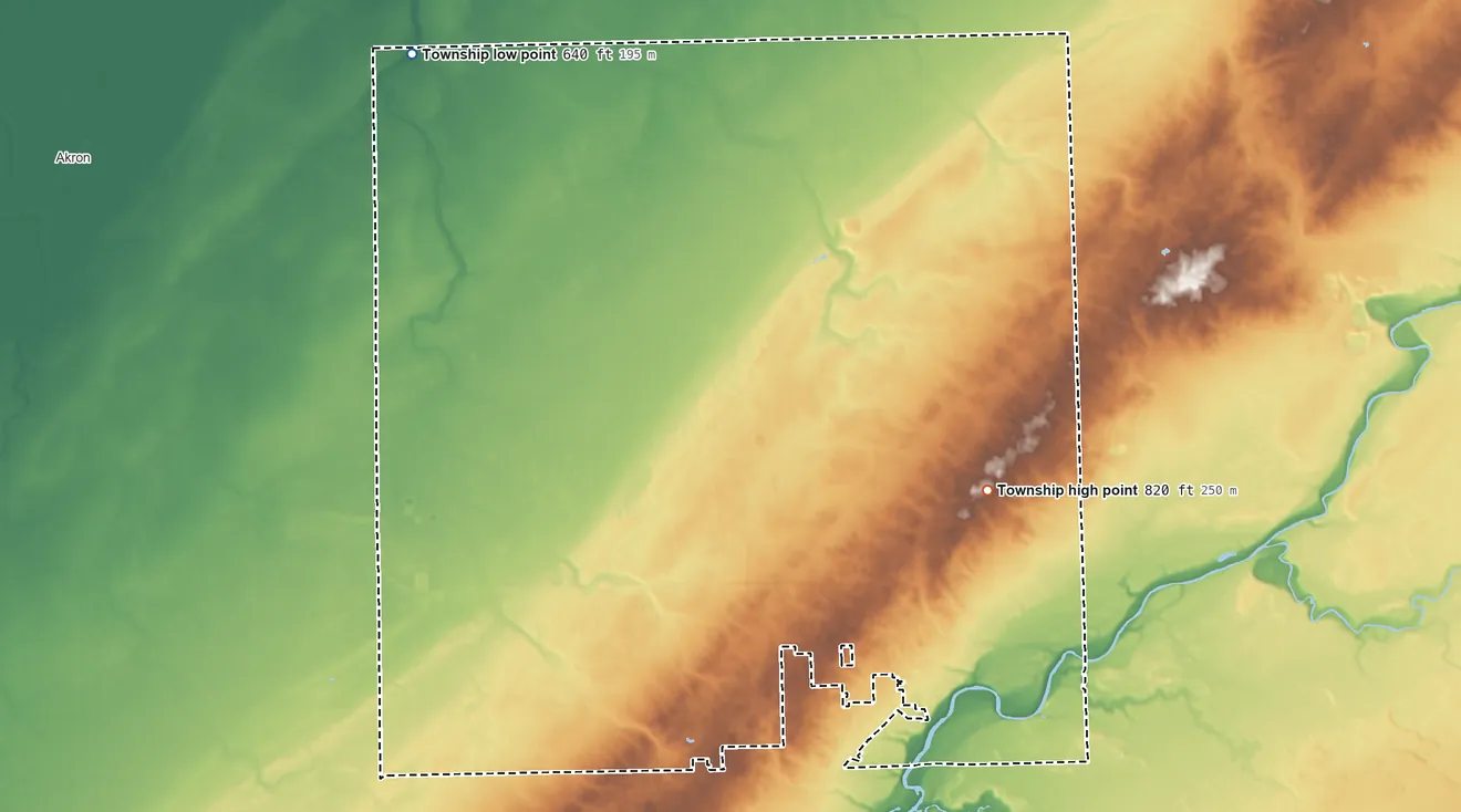 Topographic elevation map of Almer Township, Michigan, shaded from 640 ft on the northwest side to 820 ft on the northeast side