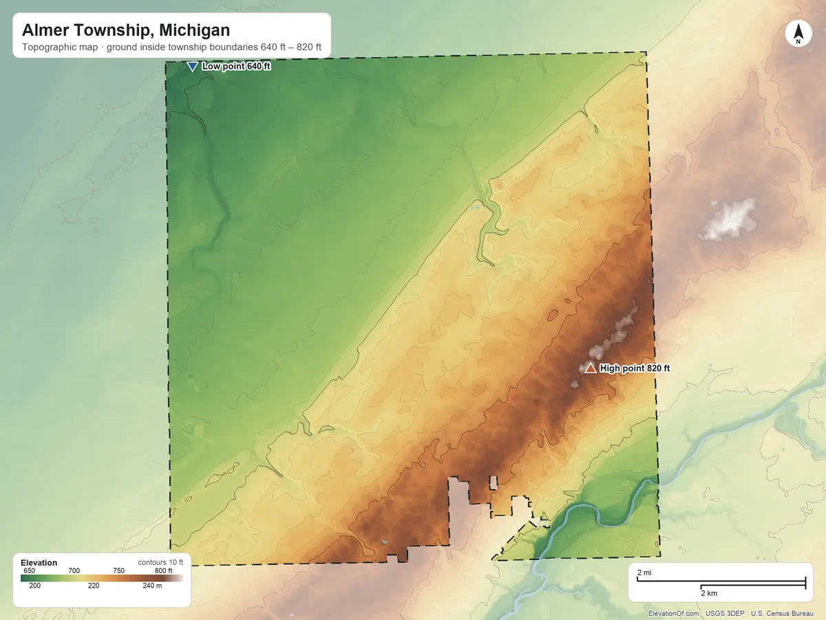 Topographic elevation map of Almer Township, Michigan, shaded from 640 ft on the northwest side to 820 ft on the northeast side