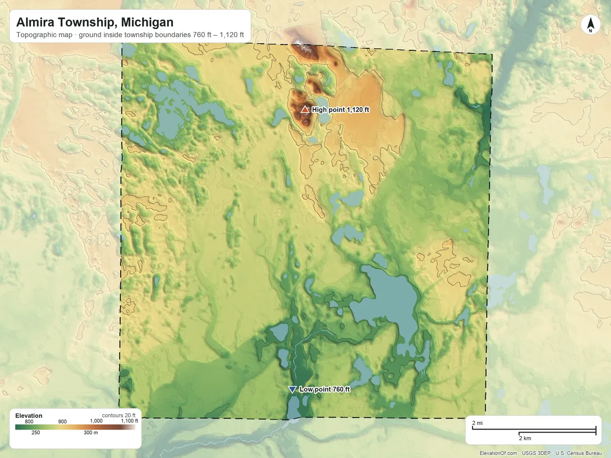 Topographic elevation map of Almira Township, Michigan, shaded from 760 ft on the south side to 1,120 ft on Warner Hill