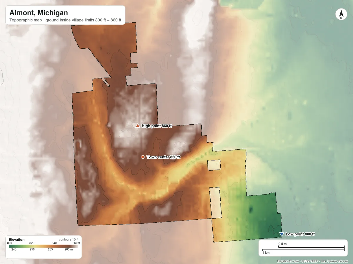 Topographic elevation map of Almont, Michigan, shaded from 800 ft on the southeast side to 860 ft on the north side