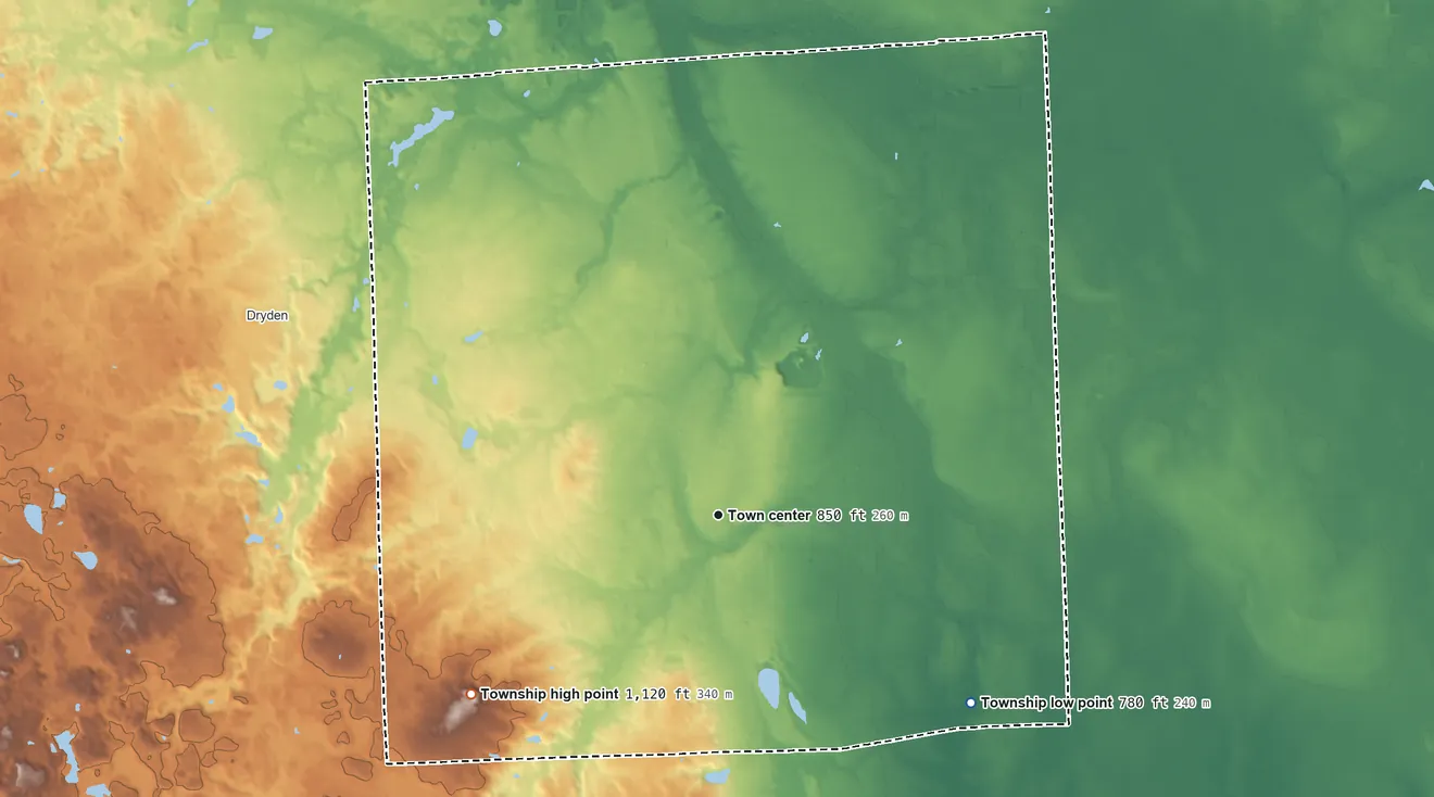 Topographic elevation map of Almont Township, Michigan, shaded from 780 ft on the southeast side to 1,120 ft on the southwest side