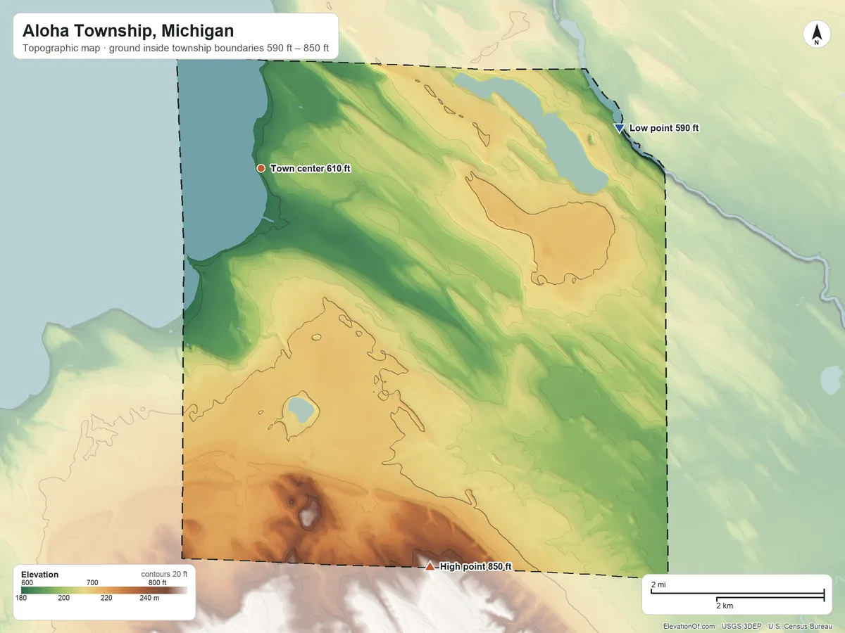 Topographic elevation map of Aloha Township, Michigan, shaded from 590 ft on the east side to 850 ft on the southeast side