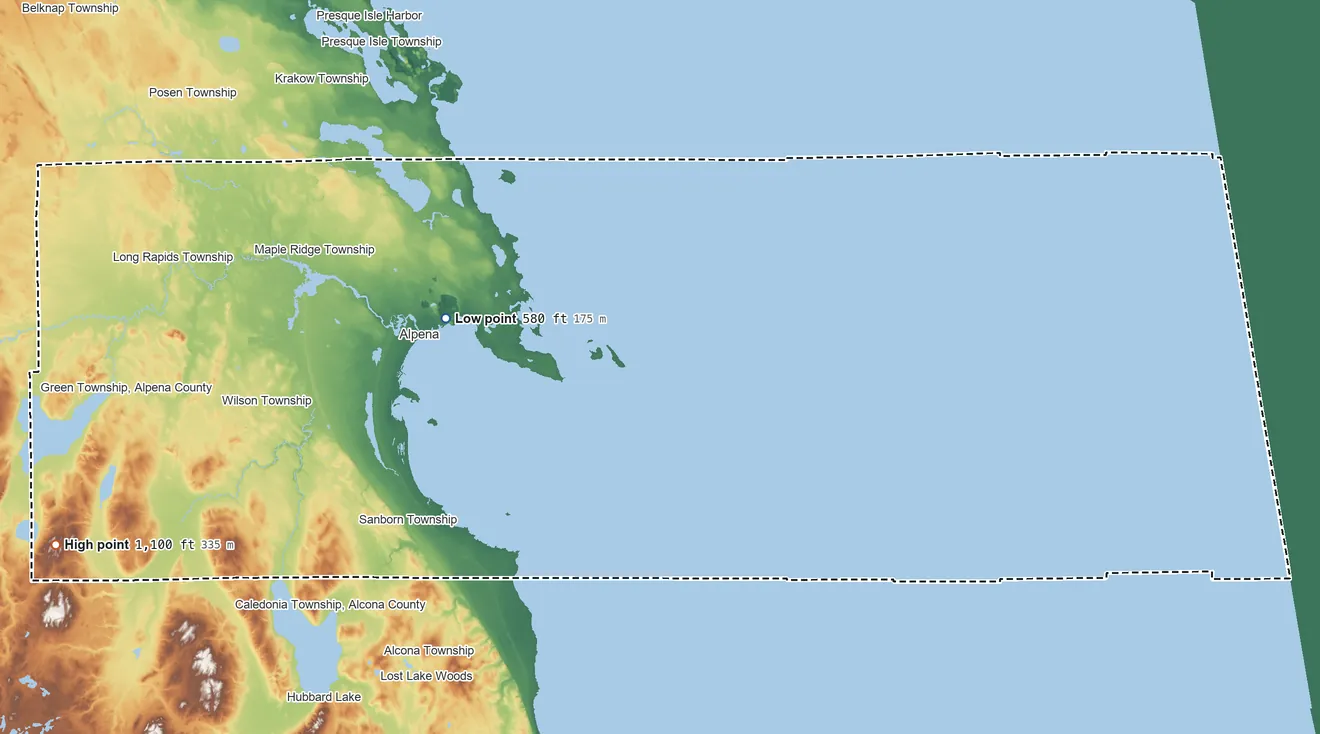 Topographic elevation map of Alpena County, Michigan, shaded from 580 ft on the west side to 1,100 ft on the west side