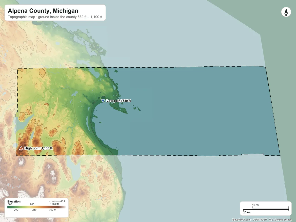 Topographic elevation map of Alpena County, Michigan, shaded from 580 ft on the west side to 1,100 ft on the west side