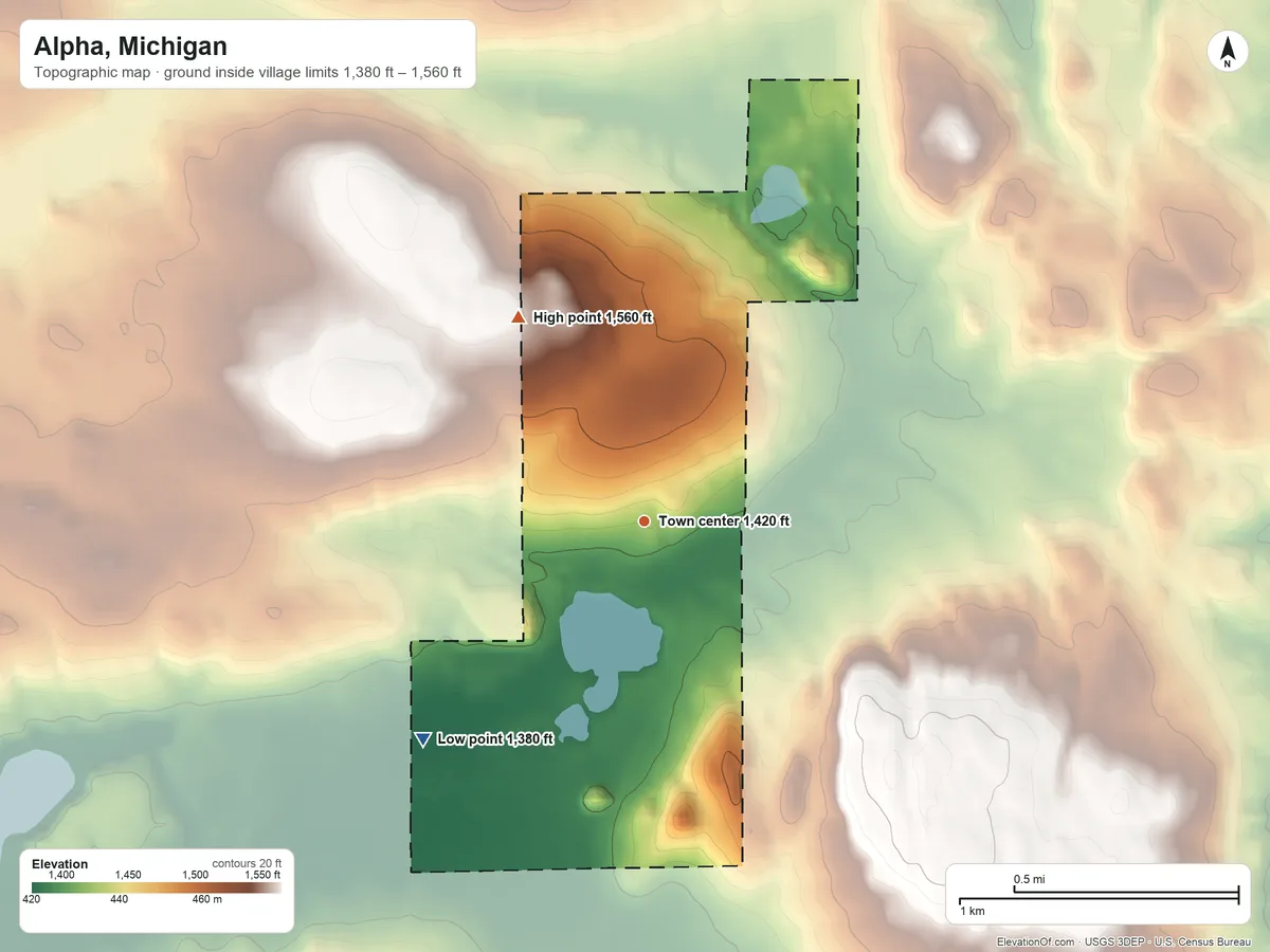 Topographic elevation map of Alpha, Michigan, shaded from 1,380 ft on the southwest side to 1,560 ft on the northwest side