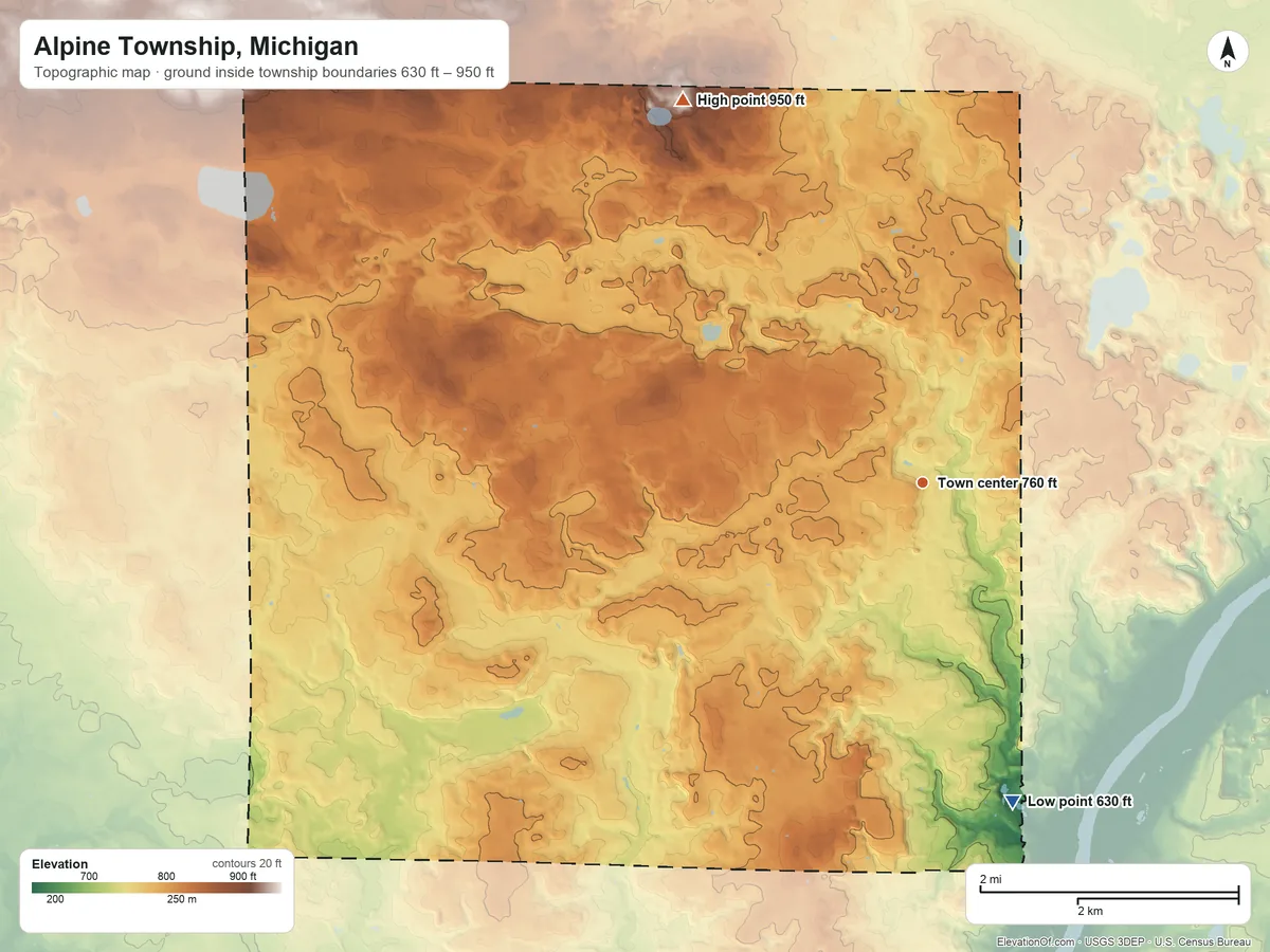 Topographic elevation map of Alpine Township, Michigan, shaded from 630 ft on the south side to 950 ft on the northwest side