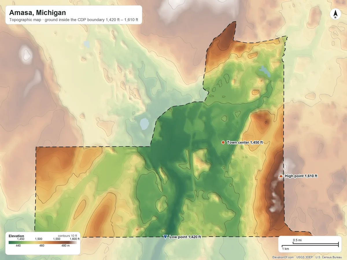 Topographic elevation map of Amasa, Michigan, shaded from 1,420 ft on the southwest side to 1,610 ft on the southeast side