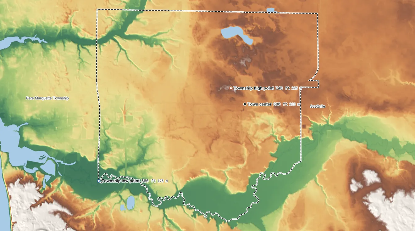 Topographic elevation map of Amber Township, Michigan, shaded from 580 ft on the southwest side to 740 ft near the middle