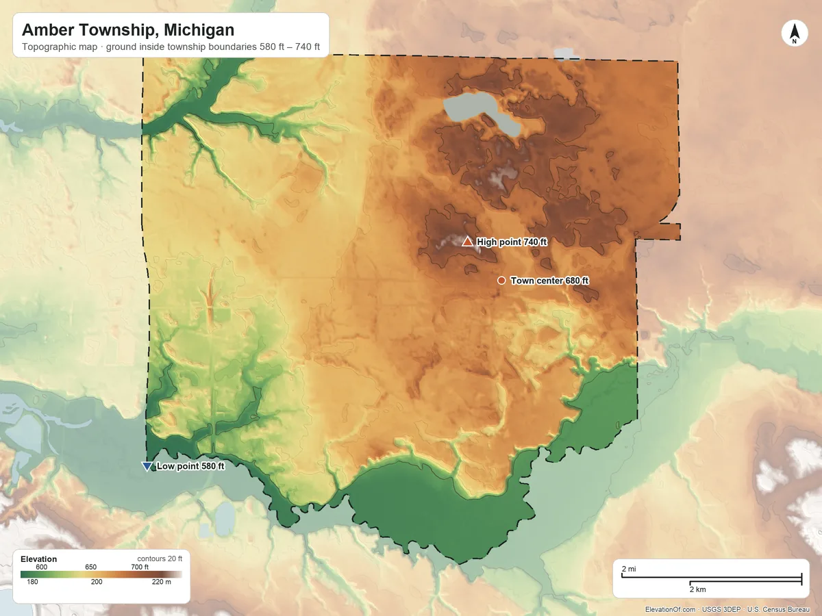Topographic elevation map of Amber Township, Michigan, shaded from 580 ft on the southwest side to 740 ft near the middle