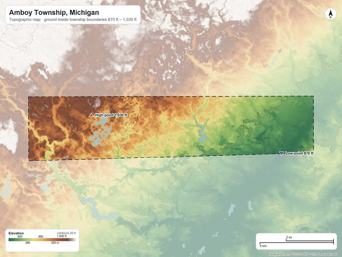 Topographic elevation map of Amboy Township, Michigan, shaded from 870 ft on the east side to 1,030 ft on the west side