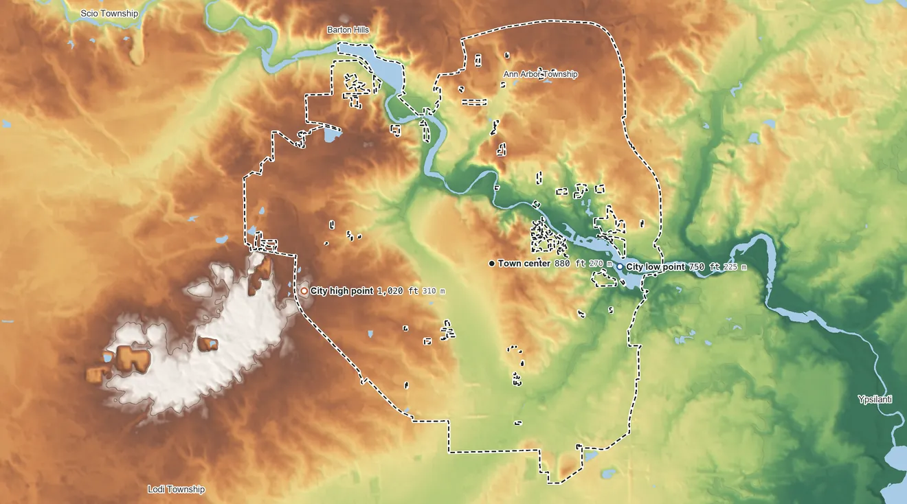 Topographic elevation map of Ann Arbor, Michigan, shaded from 750 ft on the east side to 1,020 ft on the west side