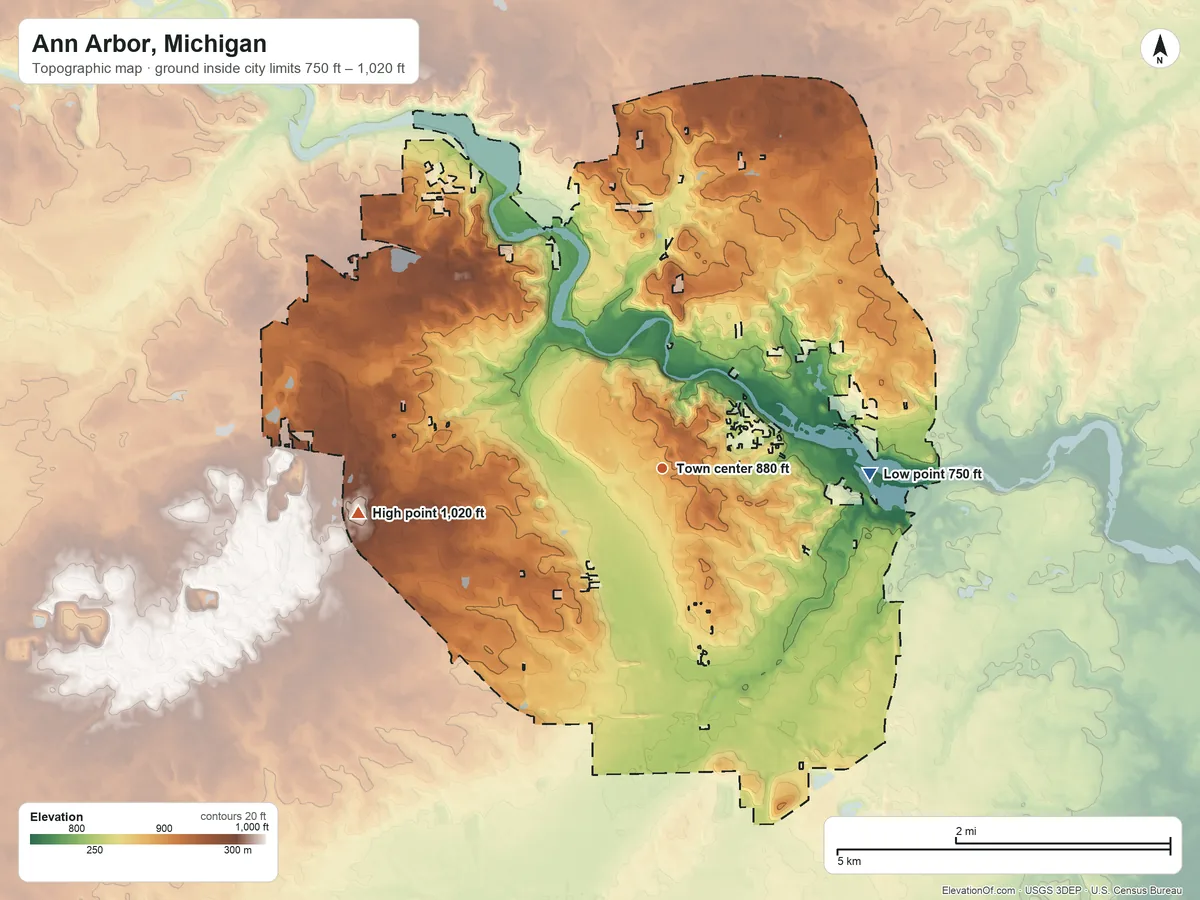 Topographic elevation map of Ann Arbor, Michigan, shaded from 750 ft on the east side to 1,020 ft on the west side