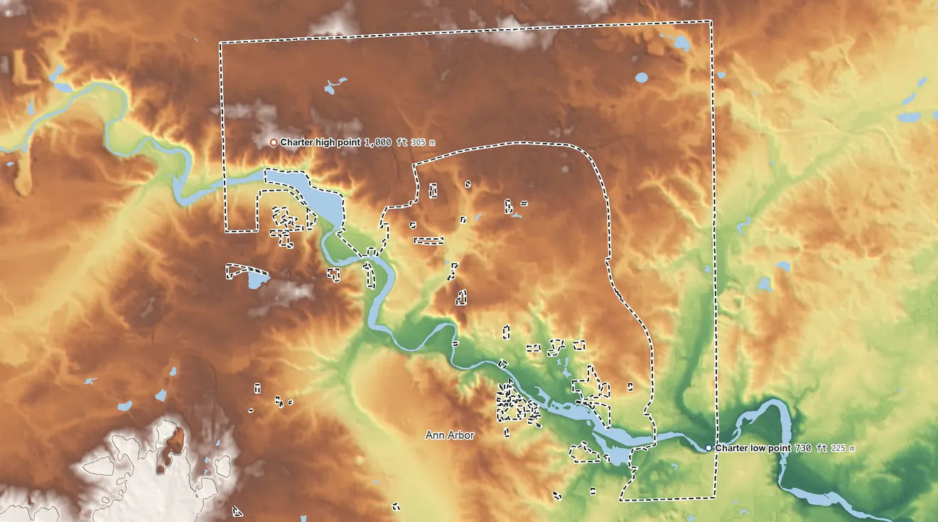 Topographic elevation map of Ann Arbor Township, Michigan, shaded from 730 ft on the southeast side to 1,000 ft on the west side