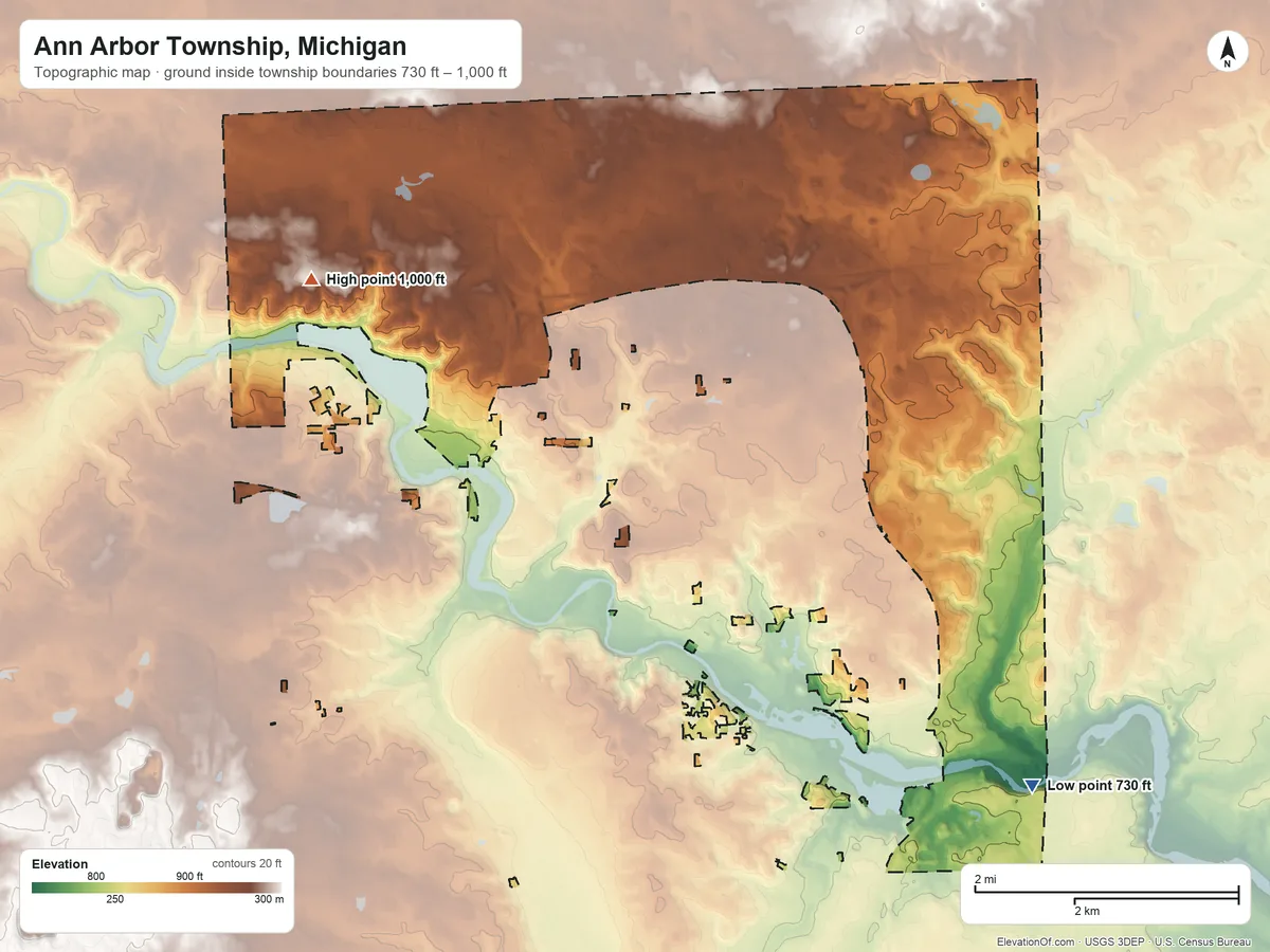 Topographic elevation map of Ann Arbor Township, Michigan, shaded from 730 ft on the southeast side to 1,000 ft on the west side