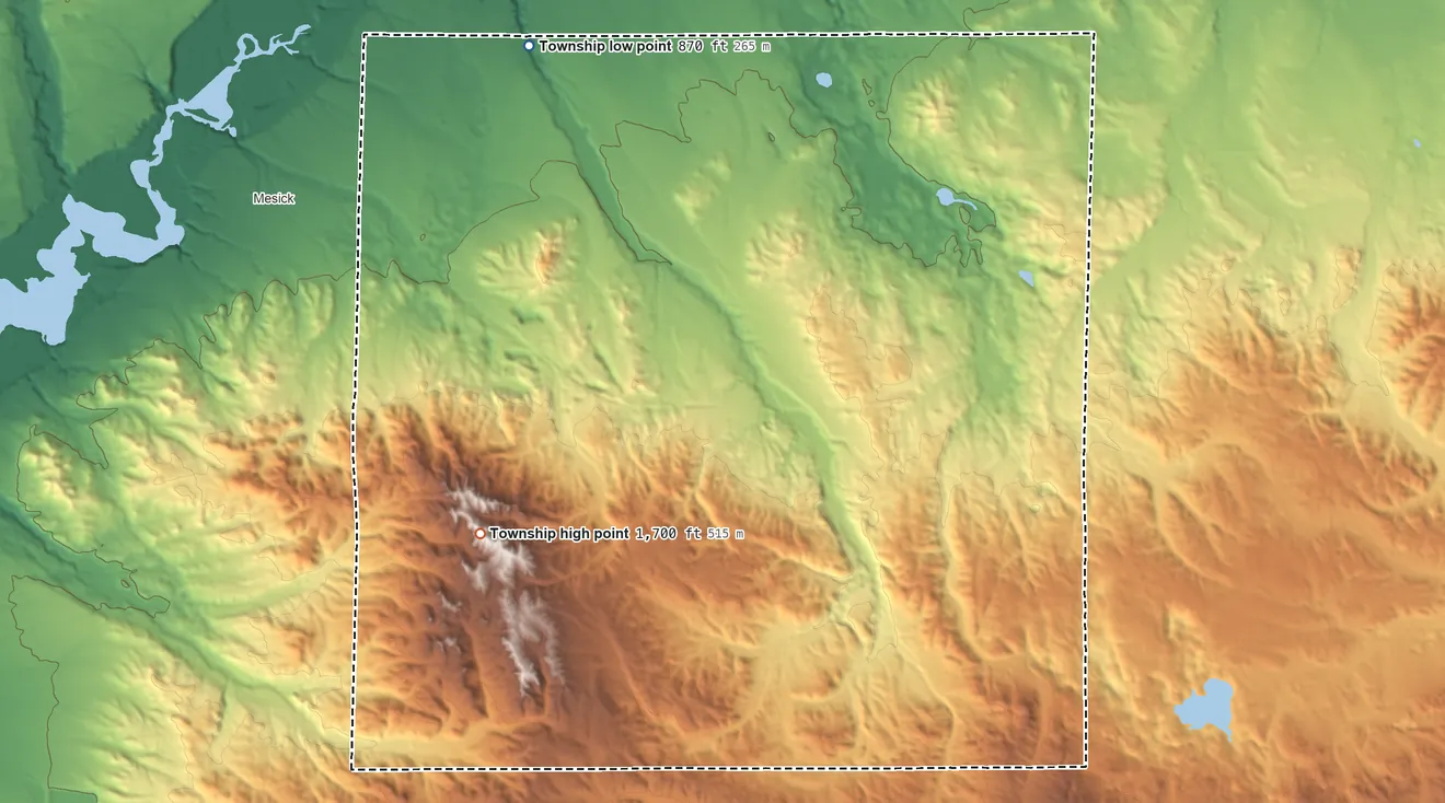 Topographic elevation map of Antioch Township, Michigan, shaded from 870 ft on the northwest side to 1,700 ft on Briar Hill