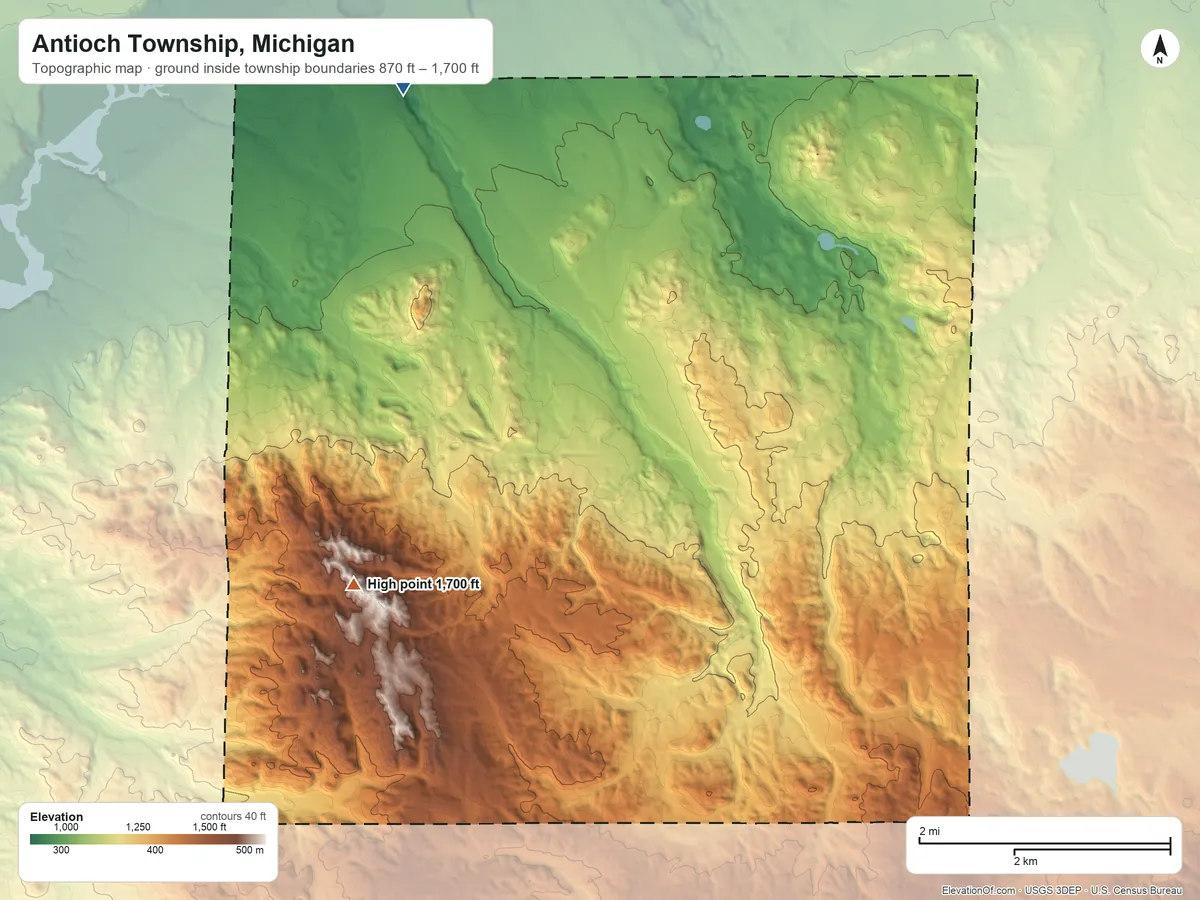 Topographic elevation map of Antioch Township, Michigan, shaded from 870 ft on the northwest side to 1,700 ft on Briar Hill