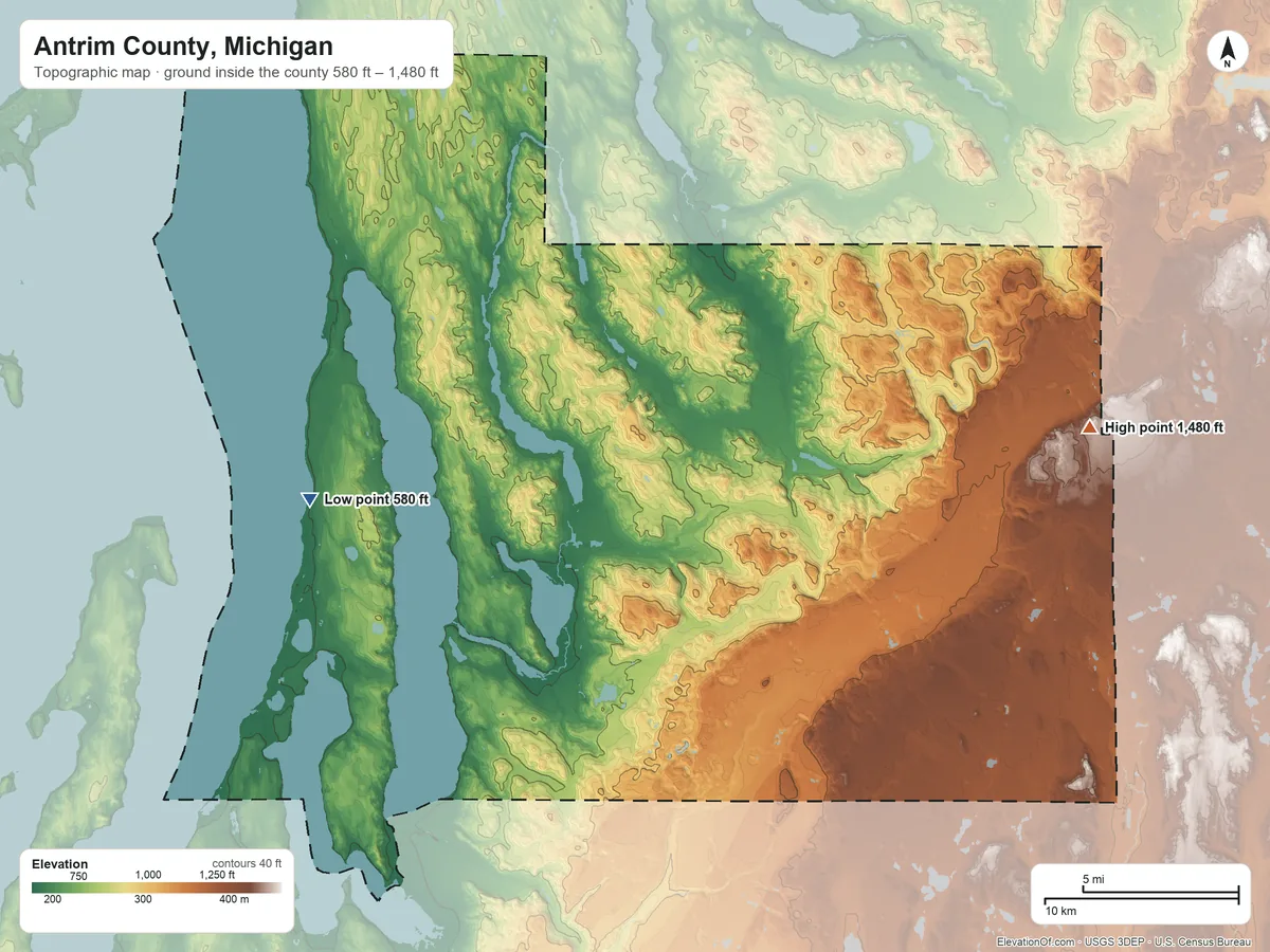 Topographic elevation map of Antrim County, Michigan, shaded from 580 ft on the west side to 1,480 ft on the east side