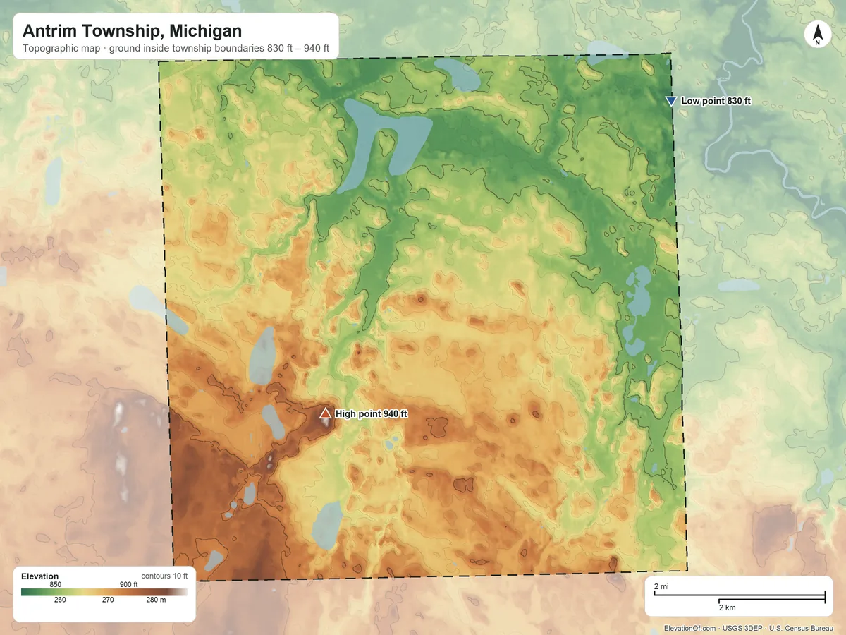Topographic elevation map of Antrim Township, Michigan, shaded from 830 ft on the northeast side to 940 ft on the southwest side