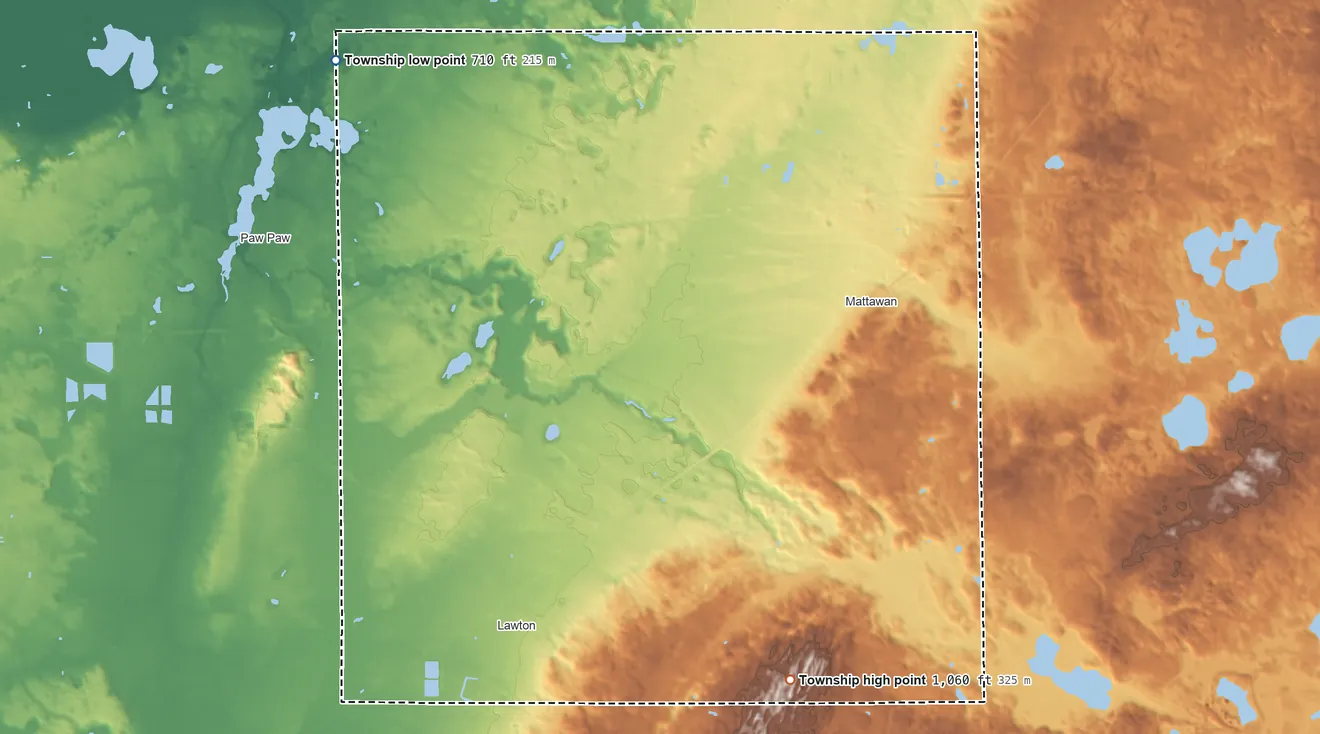 Topographic elevation map of Antwerp Township, Michigan, shaded from 710 ft on the northwest side to 1,060 ft on the southeast side
