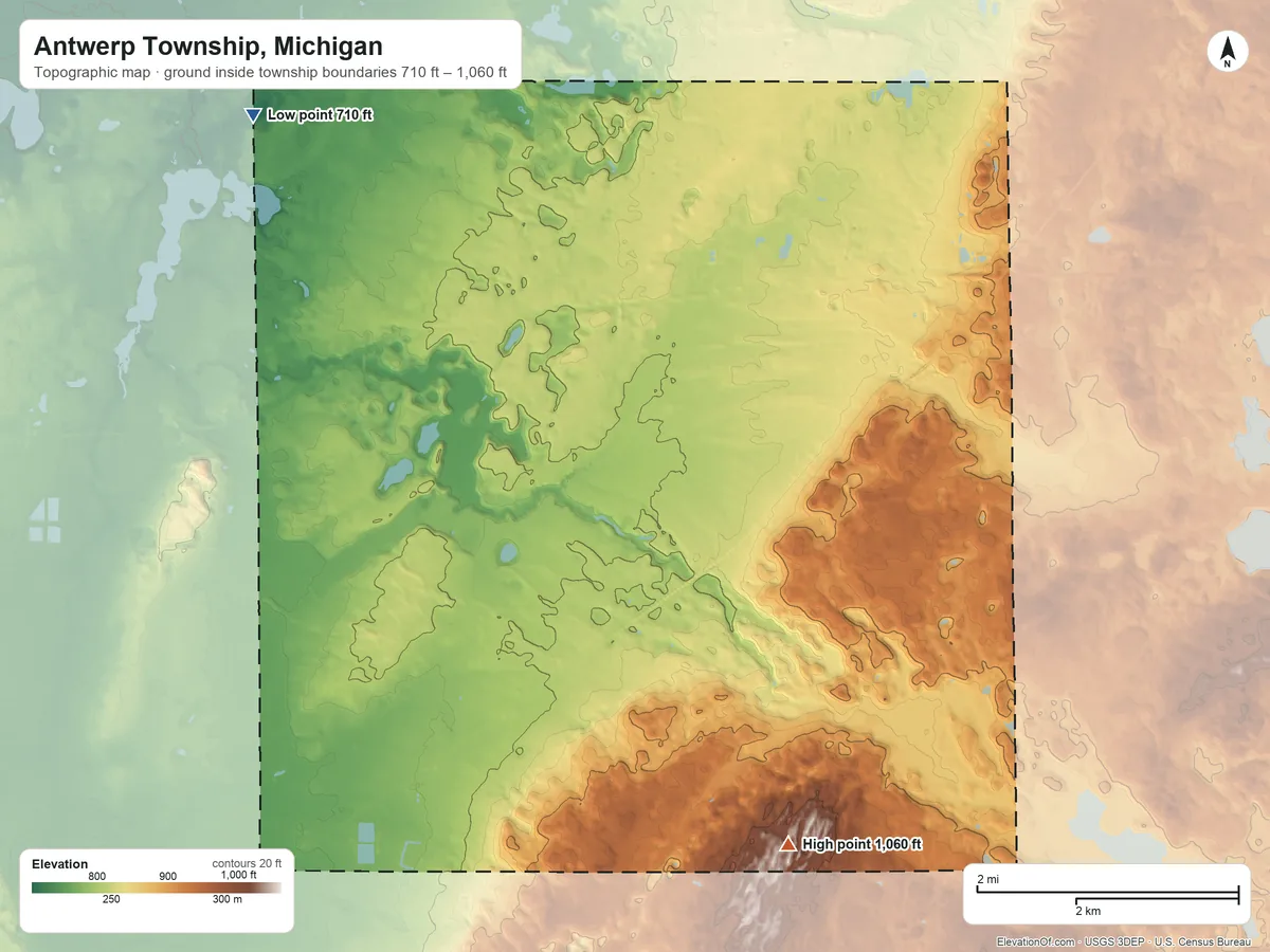 Topographic elevation map of Antwerp Township, Michigan, shaded from 710 ft on the northwest side to 1,060 ft on the southeast side