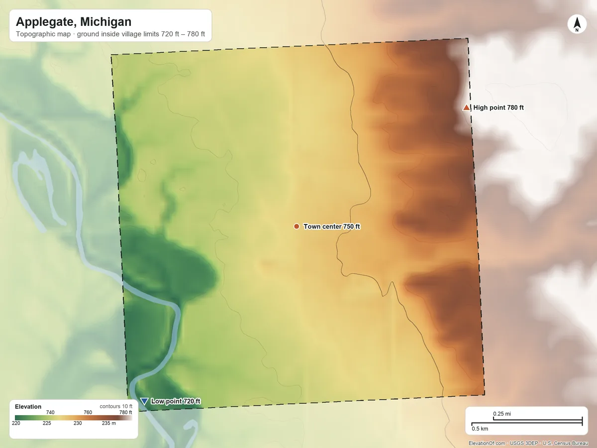 Topographic elevation map of Applegate, Michigan, shaded from 720 ft on the southwest side to 780 ft on the northeast side