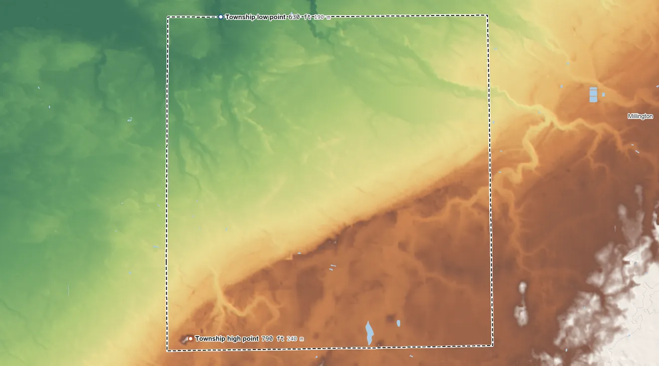 Topographic elevation map of Arbela Township, Michigan, shaded from 630 ft on the northwest side to 790 ft on the southwest side